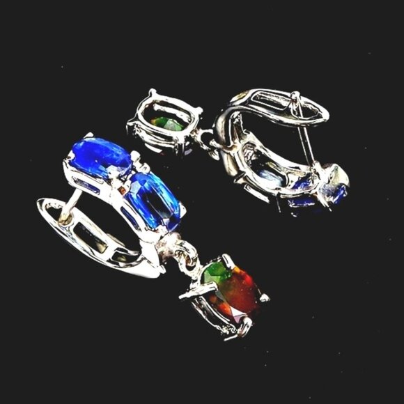 925 Silver Earrings with Black Opal 7x5mm & Kyanite Gems - Picture 2 of 3